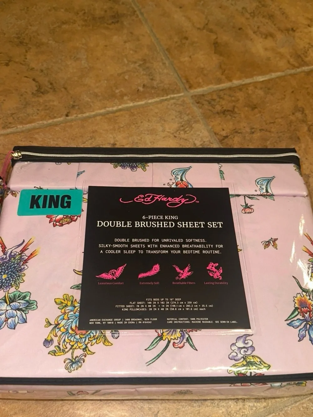 Ed Hardy Pink Floral Tiger King Brushed Sheet Set